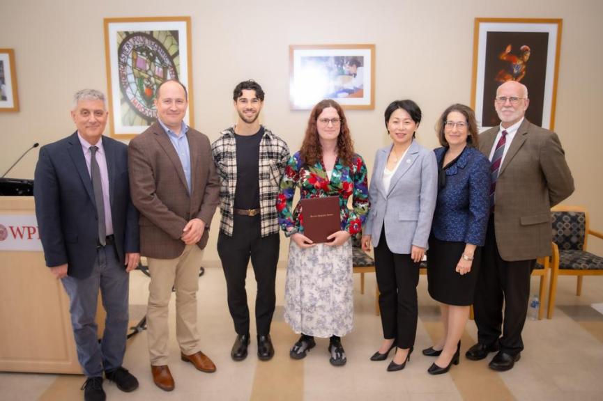 (L-R) Secretary of the Faculty Mark Richman, Professor of Teaching Marcel Blais (Mathematical Sciences), Michael Magalhaes ’24 (Mechanical Engineering), Romeo L. Moruzzi Young Faculty Award for Innovation in Undergraduate Education Recipient Rose Bohrer, President Grace J. Wang, Board of Trustees Vice Chair Joyce Kline, Interim Senior Vice President and Provost Arthur Heinricher